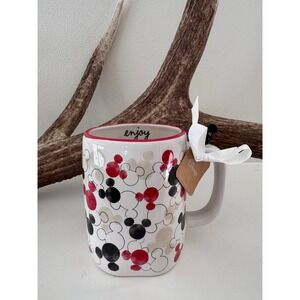 Rae Dunn Disney Mickey Mouse Enjoy Coffee Mug with 3D Topper Red Black White NEW